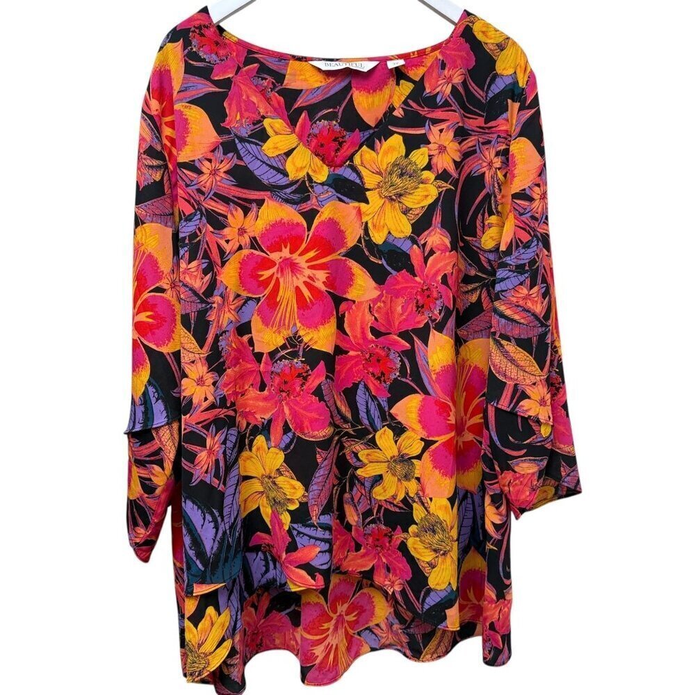 Beautiful by Lawrence Zarian Blouse Plus Size 2X Red Floral V-Neck Womens Top